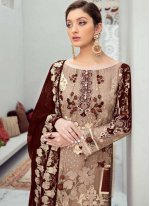 Preferable Embroidered Beige Net Designer Pakistani Salwar Suit