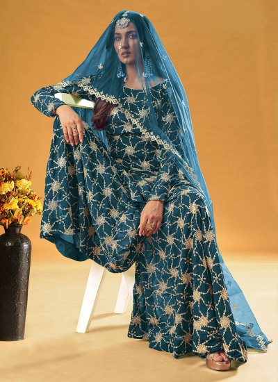 Prepossessing Faux Georgette Teal Embroidered Readymade Designer Salwar Suit