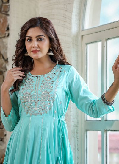 Pretty Cotton Embroidered Sea Green Readymade Gown