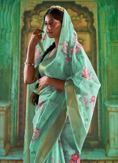Pretty Silk Aqua Blue Digital Print Traditional Designer Saree