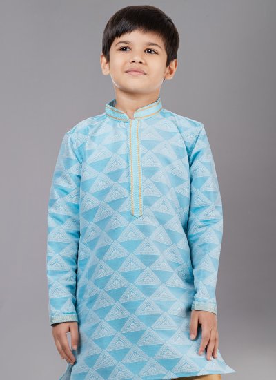 Prime Fancy Work Jacquard Silk Aqua Blue Kurta Pyjama