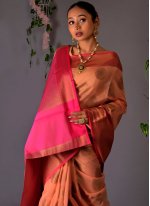 Princely Chanderi Cotton Fancy Peach Classic Designer Saree