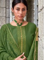 Princely Green Embroidered Muslin Pant Style Suit