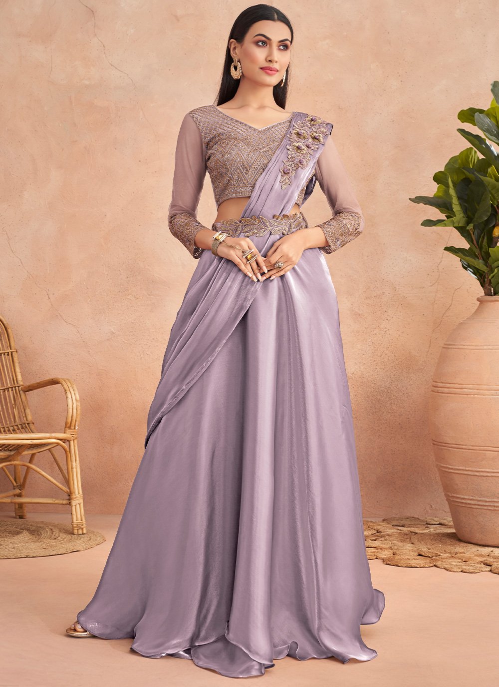 Princely Purple Embroidered Designer Lehenga Saree -
