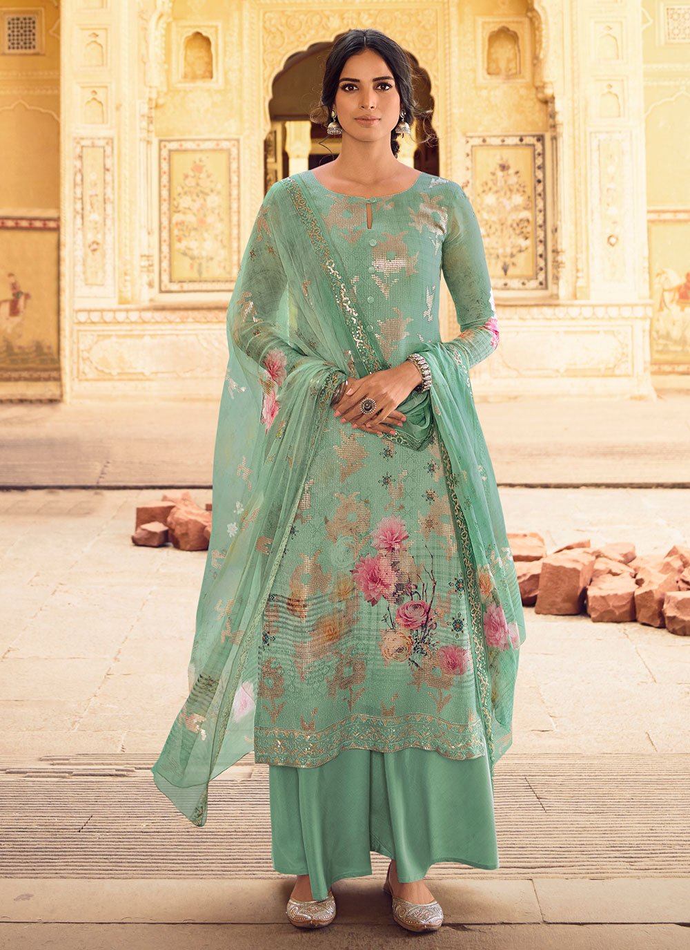 Print Faux Georgette Designer Pakistani Suit in Sea Green - Print Faux Georgette Designer Pakistani Suit in Sea Green -