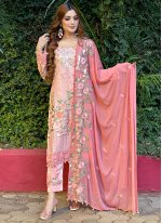 Print Faux Georgette Pant Style Suit in Cream and Pink