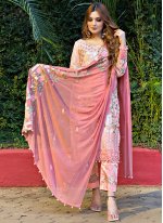 Print Faux Georgette Pant Style Suit in Cream and Pink