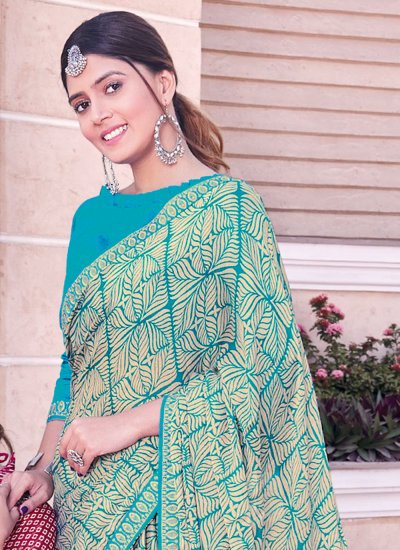 Print Georgette Contemporary Saree in Turquoise
