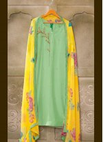 Printed Chanderi Cotton Churidar Suit in Green