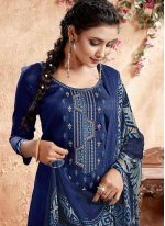 Printed Cotton Designer Patiala Suit in Blue