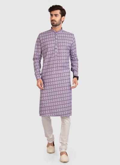 Printed Cotton Kurta Pyjama in Purple