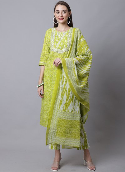 Printed Cotton Readymade Salwar Suit in Green