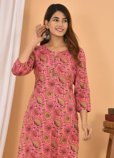 Printed Cotton Readymade Salwar Suit in Pink