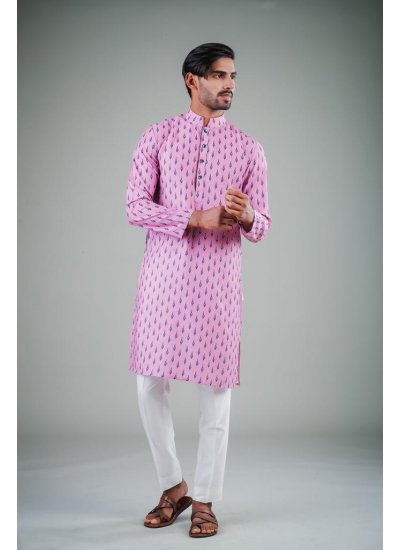 Printed Cotton Satin Kurta Pyjama in Pink