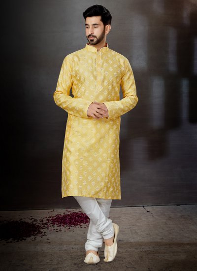 Printed Dupion Silk Kurta Pyjama in Yellow
