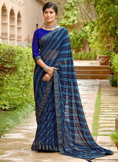 AQUA BLUE WOVEN PURE GEORGETTE BANDHANI SAREE WITH BANARASI SILK BORDE –  zarikaariindia.com