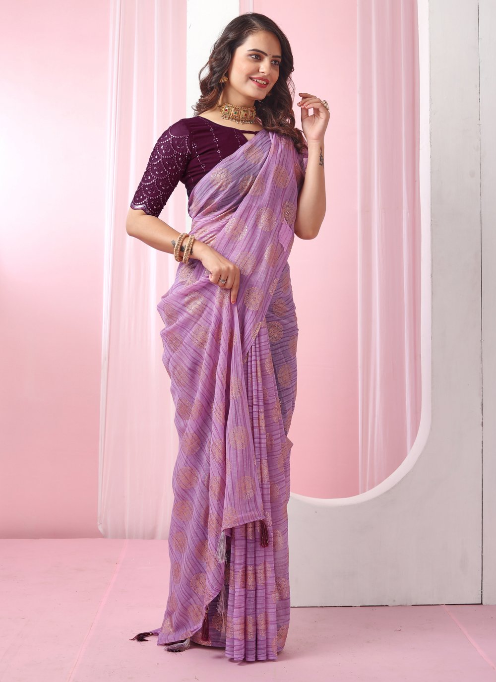 Vivacious Lavender Net Embroidered Designer Saree online - Saree