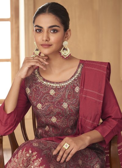 Printed Jacquard Silk Readymade Salwar Suit in Multi Colour