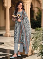 Printed Linen Readymade Salwar Suit in Grey