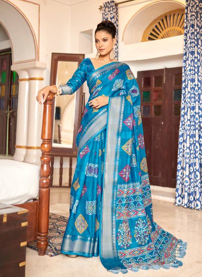 Printed Poly Cotton Designer Saree in Turquoise
