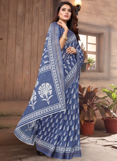 Printed Saree Zari Linen in Blue
