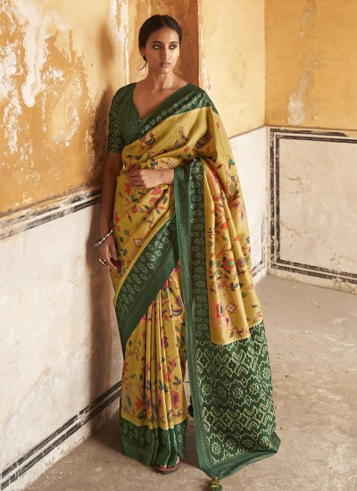 Printed Silk Trendy Saree in Mustard