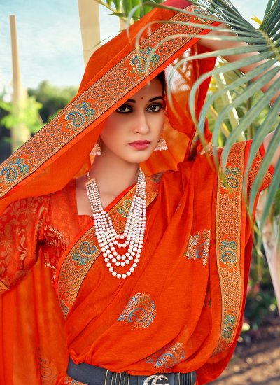 Printed Silk Trendy Saree in Orange