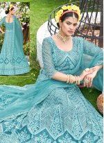 Pristine Net Turquoise Embroidered Trendy Lehenga Choli