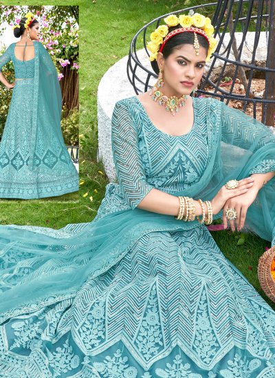 Pristine Net Turquoise Embroidered Trendy Lehenga Choli