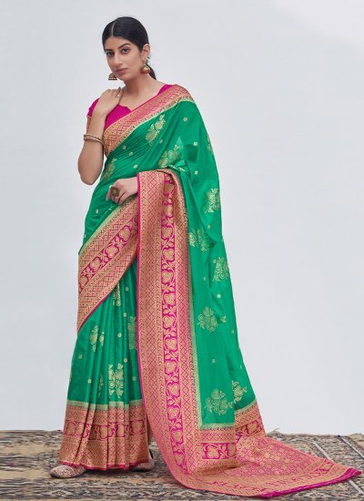 Prodigious Weaving Silk Green Classic Saree