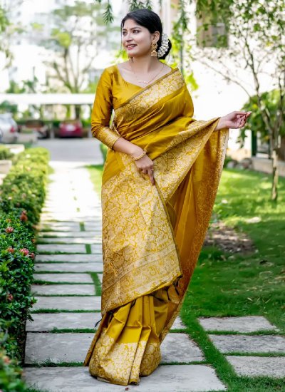 Prodigious Yellow Ceremonial Classic Saree