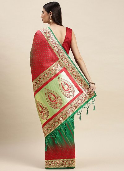 Prominent Banarasi Silk Weaving Green and Pink Traditional Designer Saree