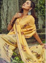 Prominent Floral Print Georgette Yellow Classic Saree