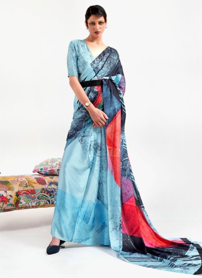 Prominent Print Multi Colour Satin Printed Saree