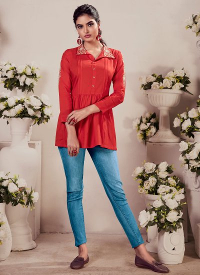 Prominent Red Embroidered Party Wear Kurti