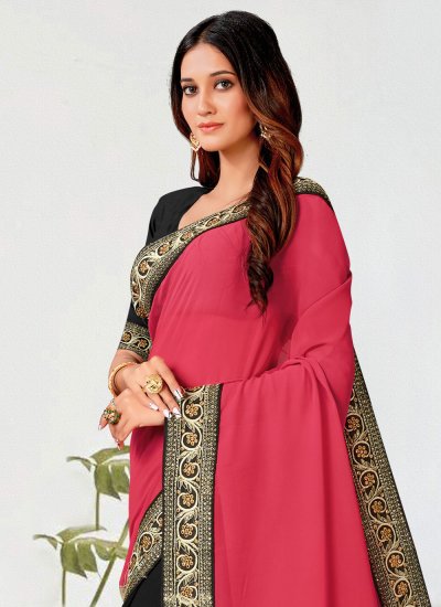 Prominent Sequins Black and Hot Pink Georgette Classic Saree