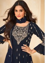 Pure Georgette Embroidered Navy Blue Readymade Salwar Suit