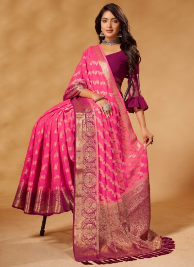 Pure Georgette Weaving Pink Trendy Saree