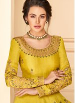 Pure Silk Embroidered Yellow Designer Floor Length Salwar Suit