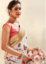 Pure Silk Meenakari Contemporary Style Saree in Gold and White