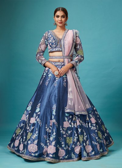 Satin And Net Fabric Grey Color Sangeet Wear 3 Piece Embroidered Lehenga  With Enigmatic Blouse