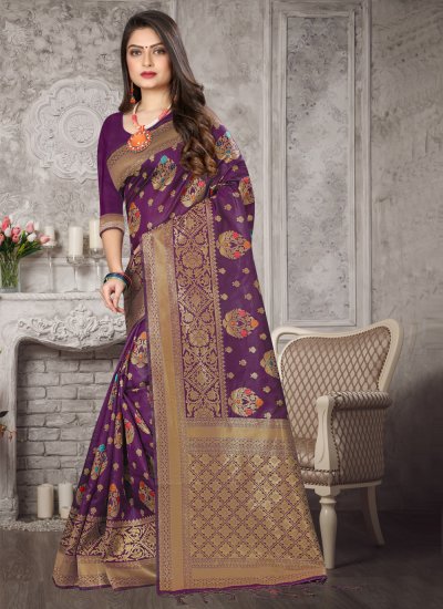Purple Art Banarasi Silk Ceremonial Traditional Designer Saree