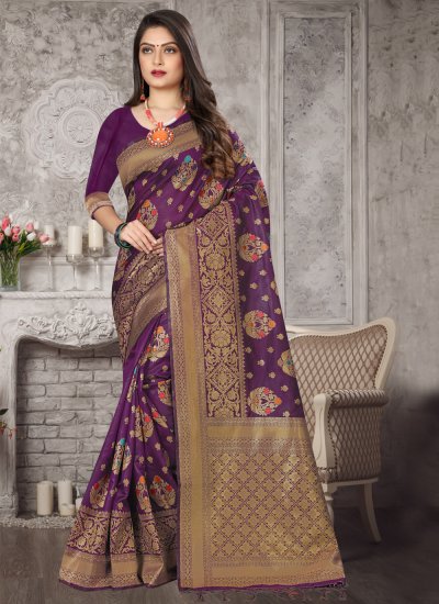 Purple Art Banarasi Silk Ceremonial Traditional Designer Saree
