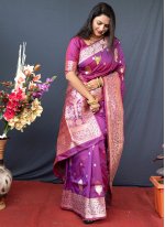 Purple Banarasi Silk Weaving Designer Contemporary Style Saree