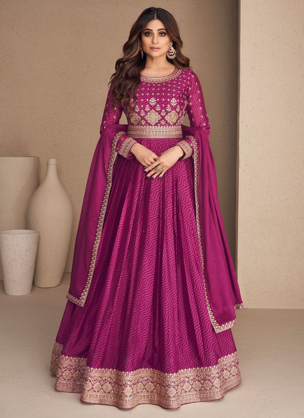 Purple Chinon Embroidered Readymade Floor Length Gown 