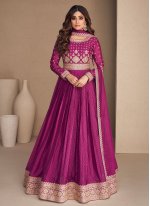 Purple Chinon Embroidered Readymade Floor Length Gown 
