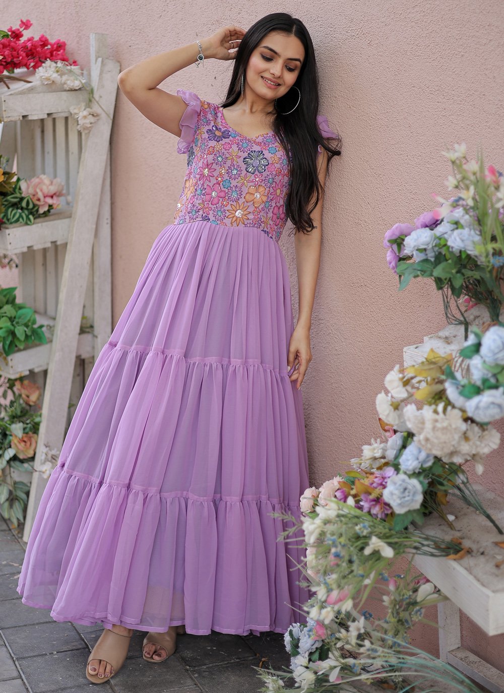 Party Wear Ladies Purple Georgette Maxi Dress at Rs 400/piece in Surat |  ID: 2851728670097