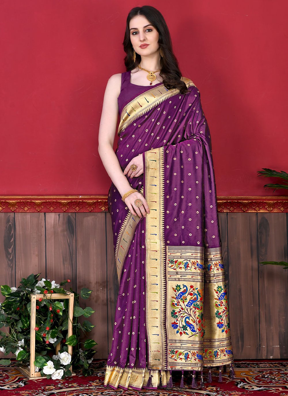 Shop Khaddi Georgette Violet Banarasi Saree Blouse Designs Online – Sunasa