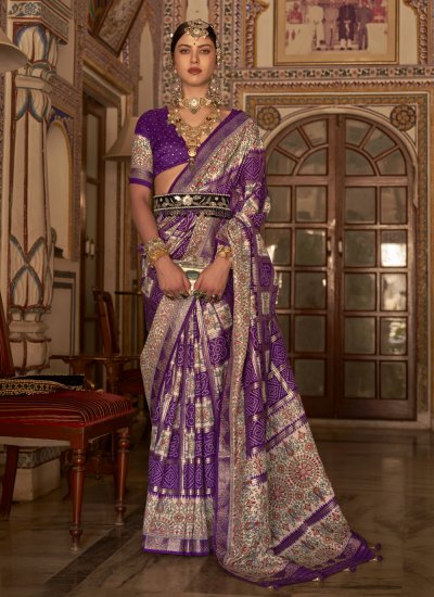 Purple Digital Print Silk Classic Saree