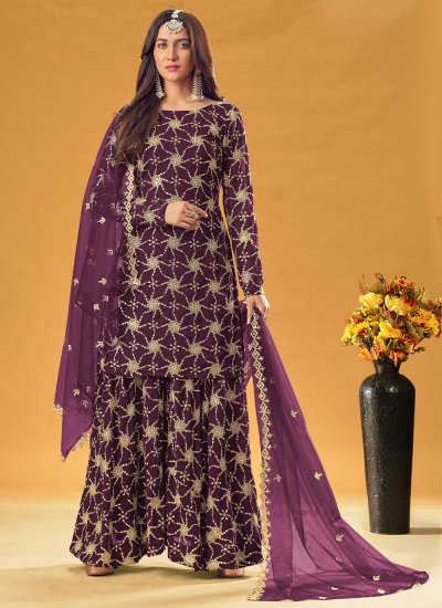 Purple Embroidered Ceremonial Readymade Salwar Suit